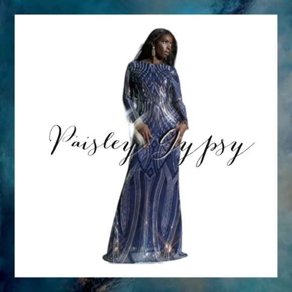 Sophisticated Long Sleeve High Neckline Sequin Formal Gown - Picture 6 of 13